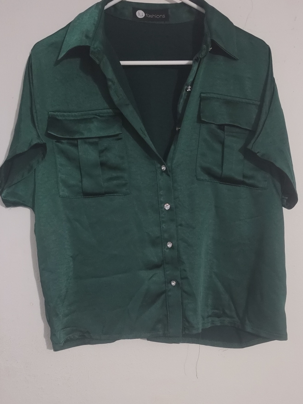 Button-Down Satin Short Sleeve Shirt in Emerald Green